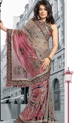 Beige Pink Printed Design Cotton Silk Saree