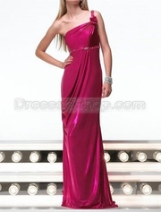 Sheath One-Shoulder Beading Pleated Flower Chic Satin Prom Dresses