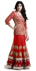 Reddish Orange Net Lehenga With Velvette of Varija Brand