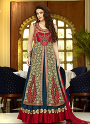 Beige and Teal Blue Floor Length Anarkali suit