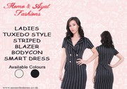 LADIES BLACK TUXEDO STYLE STRIPED BLAZER BODYCON SMART DRESS