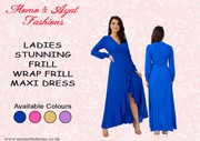 LADIES ROYAL BLUE STUNNING FRILL WRAP FRILL MAXI DRESS UK