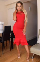 Red Lace Insert Fishtail Bodycon Midi Dress