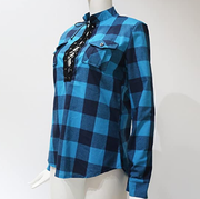 Women's Casual Long Sleeve Tie V Neck Plaid Shirt Top