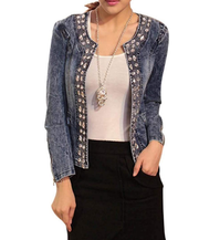 Women's Faux Diamond Glitter Sequins Vintage Wash Cardigan Denim Jacke